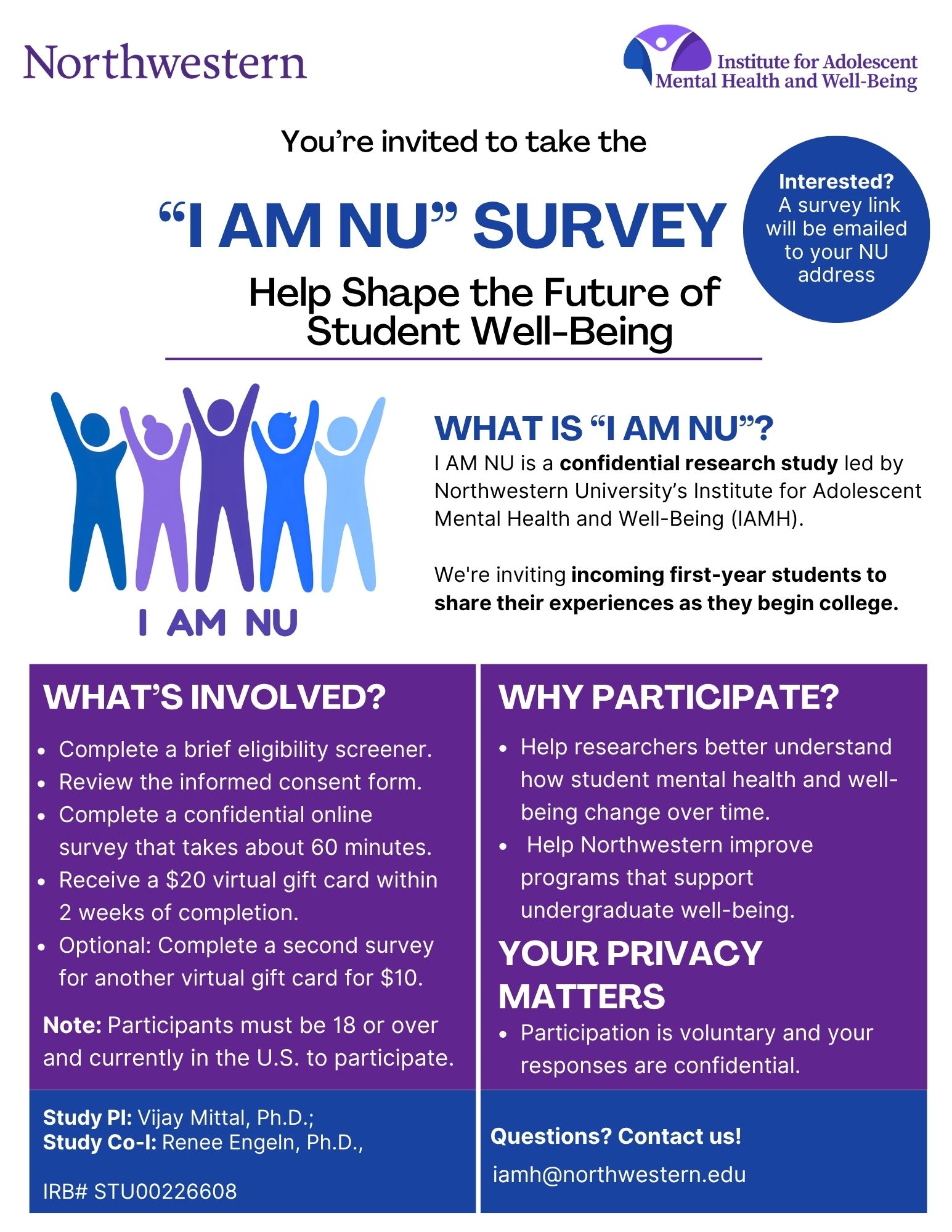 Recruitment flyer for survey, including $20 compensation, information about confidentiality, and eligibility. Must be 18 or over and currently in the U.S. to participate. 
